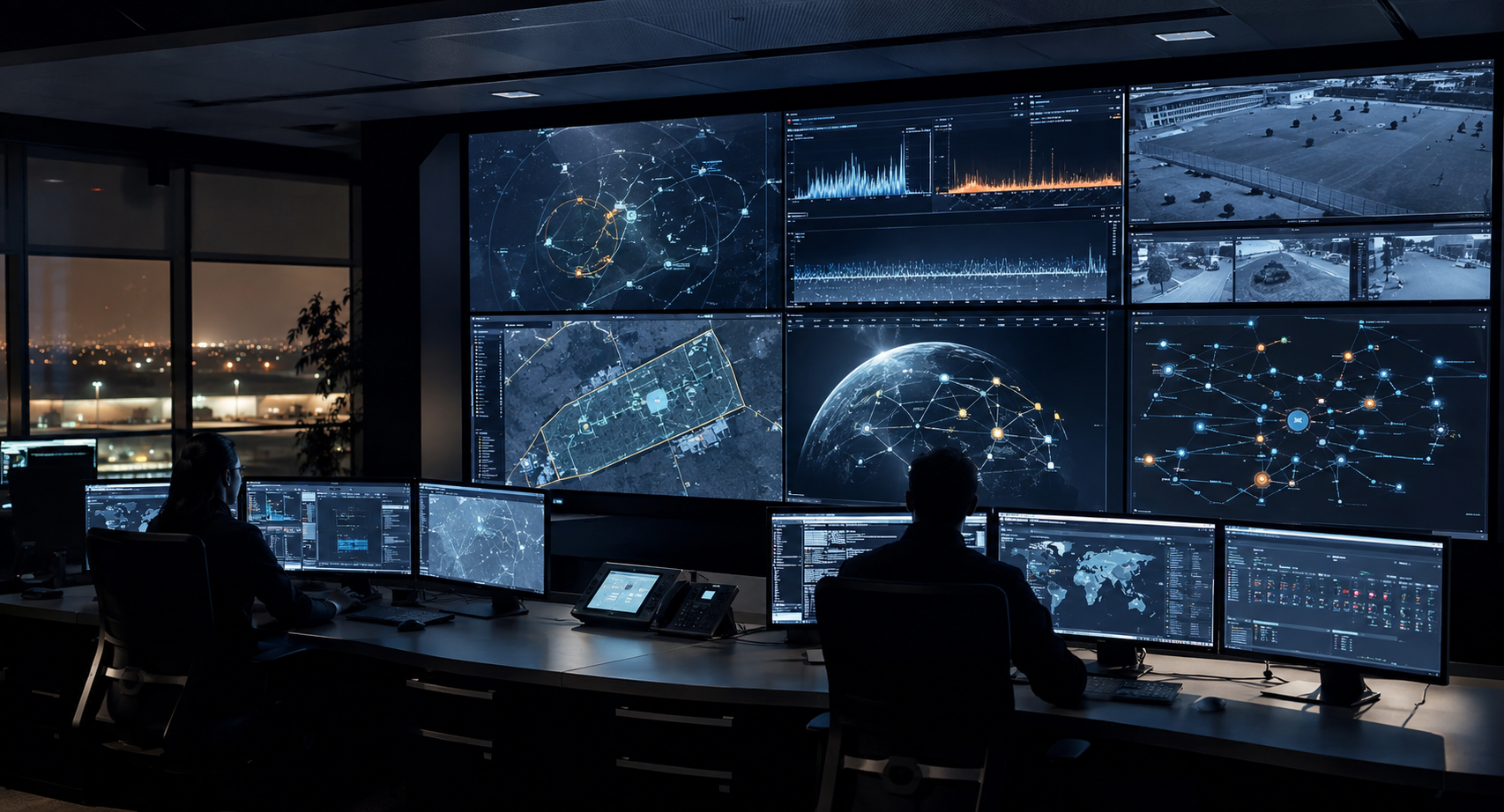 Operators at consoles in a fusion center facing an integrated monitoring screen wall